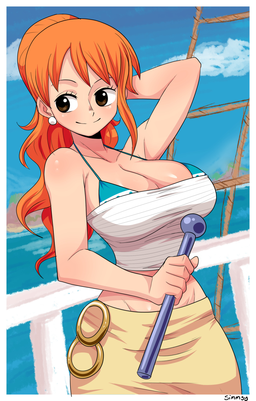 1girl absurdres arm_up bikini bikini_top bikini_under_clothes blue_sky blush brown_eyes clouds cowboy_shot day hand_behind_head highres holding long_hair midriff nami_(one_piece) one_piece orange_hair outdoors ponytail signature simmsyfart sky smile solo strapless swimsuit tubetop white_tubetop