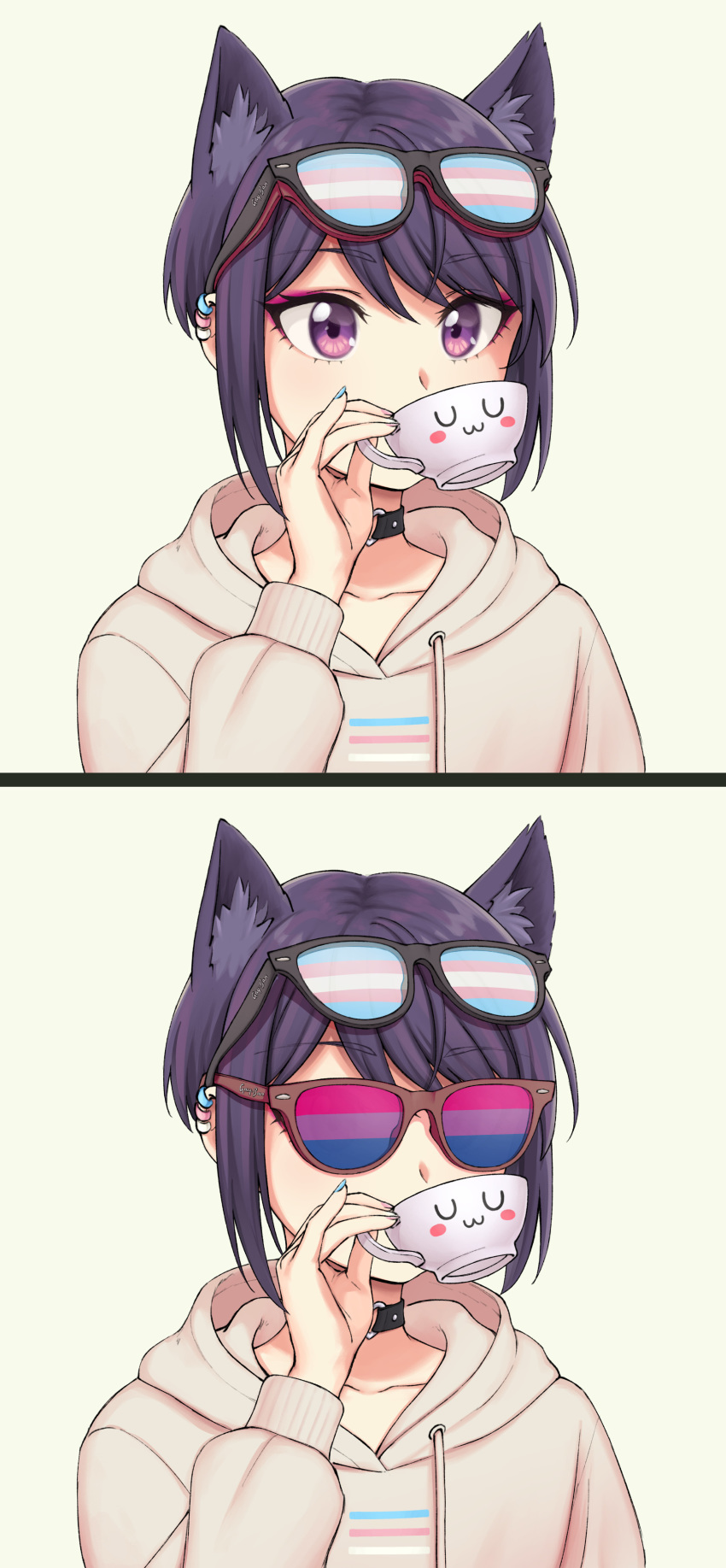 1non-binary absurdres animal_ears aqua_nails bangs bisexual_flag cat_ears covered_mouth cup drawstring ear_piercing eyewear_on_head gay highres hood hood_down lgbt_pride long_sleeves multiple_views nail_polish nyanbinary original pas'_black-haired_catperson pas_(paxiti) piercing pink_nails pride_flag queer short_hair simple_background split_screen tinted_eyewear trans transgender transgender_flag upper_body violet_eyes yellow_background