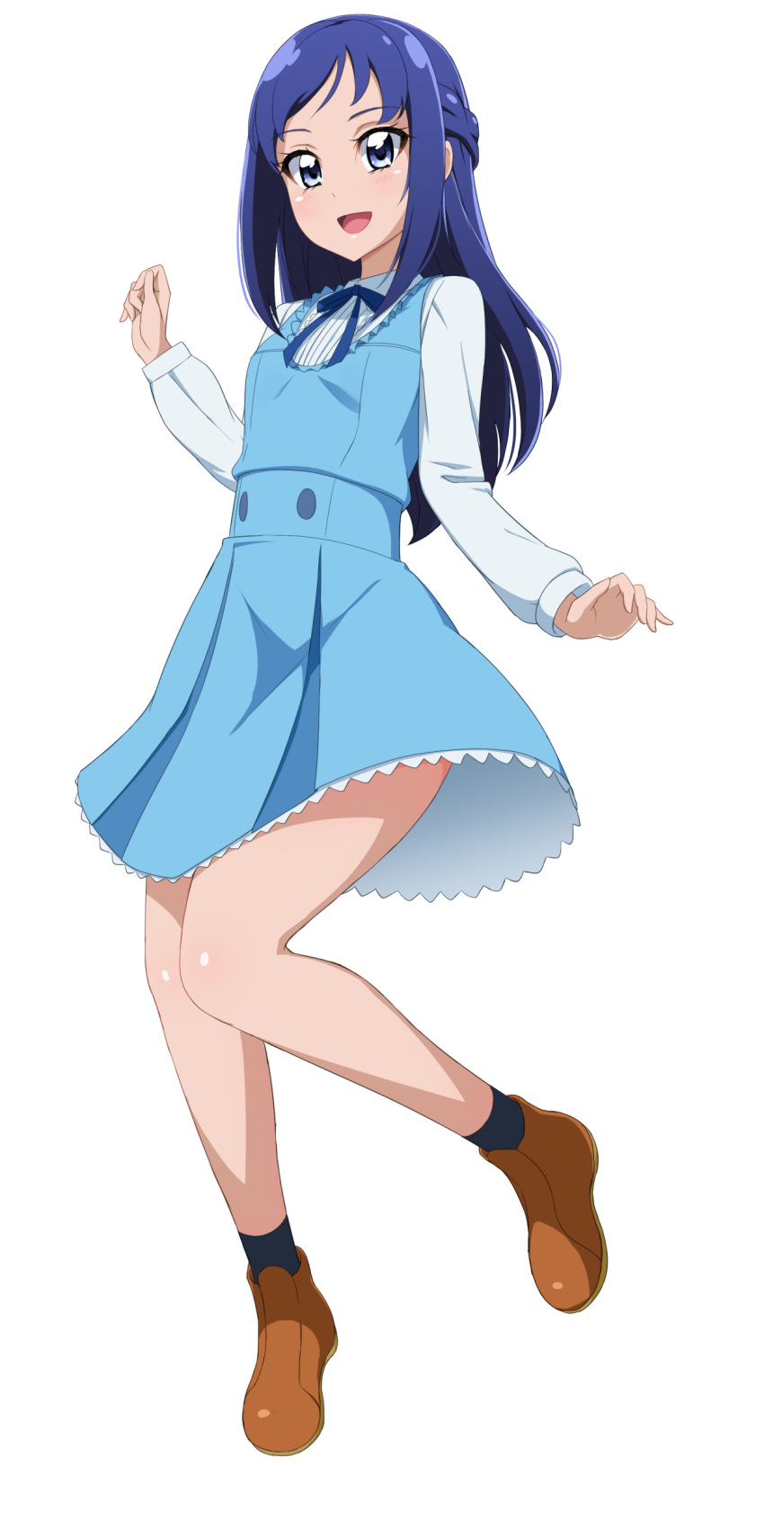 1girl :d absurdres acchi_(koiyimknp) black_legwear blue_dress blue_hair blue_ribbon brown_footwear dokidoki!_precure dress full_body grey_eyes highres hishikawa_rikka long_hair long_sleeves neck_ribbon open_mouth pinafore_dress precure ribbon shiny shiny_hair shirt short_dress simple_background sleeveless sleeveless_dress smile socks solo white_background white_shirt