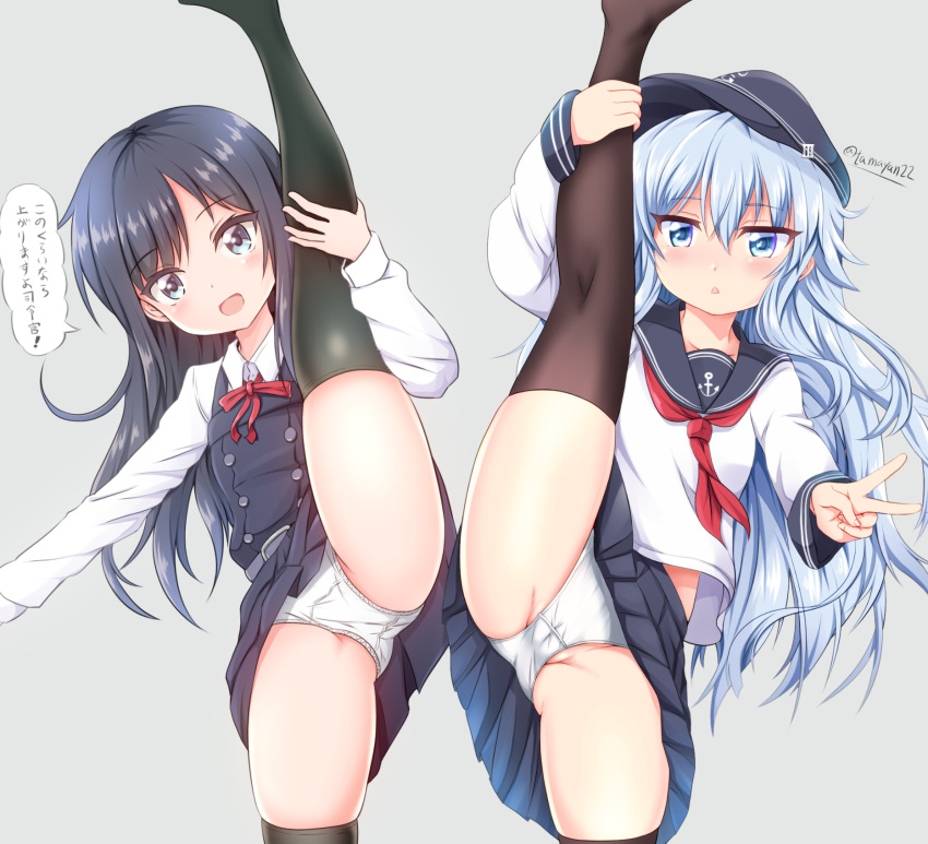 2girls anchor_symbol asashio_(kantai_collection) belt black_hair black_legwear blue_eyes dress eyebrows_visible_through_hair flat_cap hat hibiki_(kantai_collection) highres kantai_collection leg_grab leg_up long_hair long_sleeves looking_at_viewer multiple_girls open_mouth panties pinafore_dress pleated_skirt red_neckwear ribbon school_uniform serafuku silver_hair skirt speech_bubble tamayan thigh-highs translation_request twitter_username underwear v white_panties