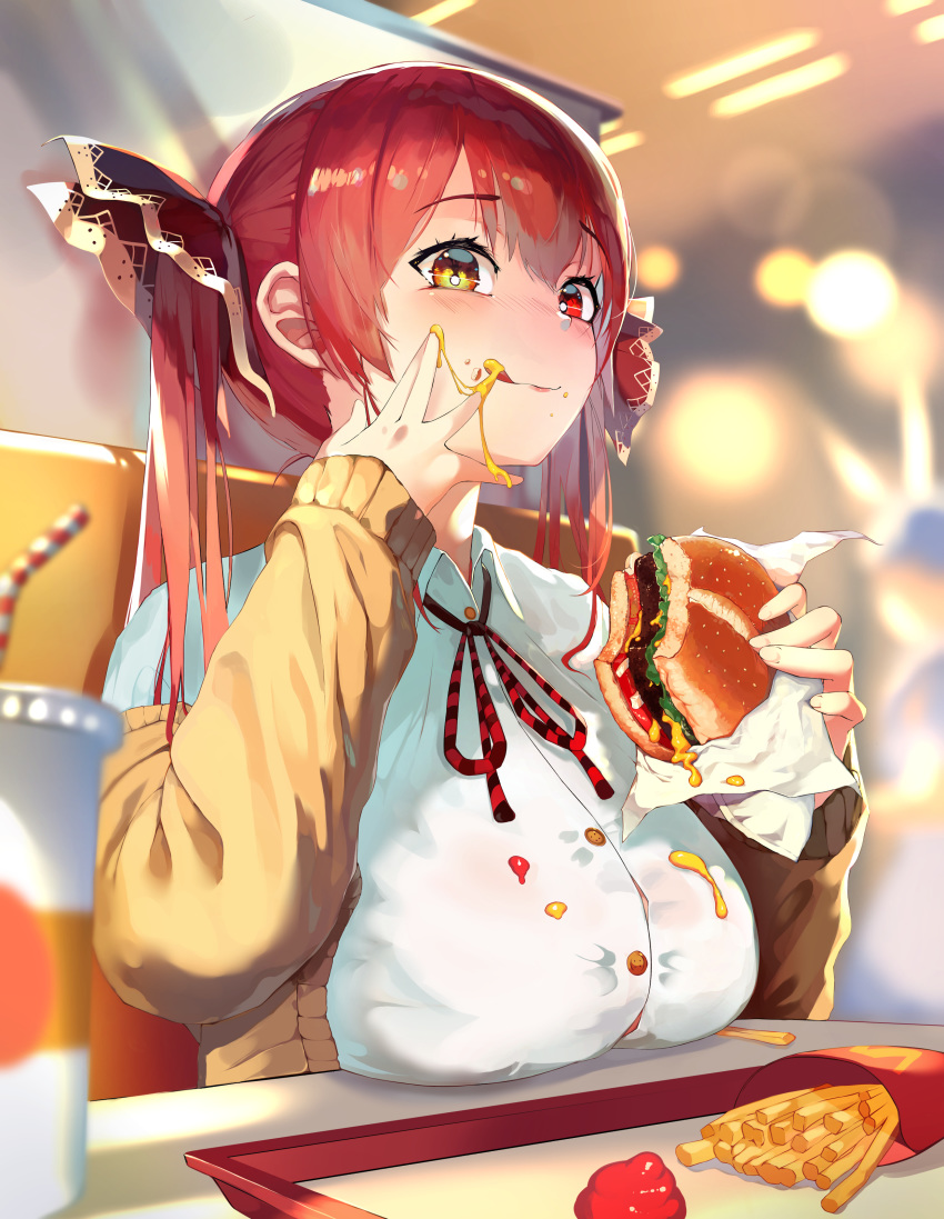 1girl :p absurdres blurry blurry_background blush breast_rest breasts casual eating food hamburger heterochromia highres hololive houshou_marine large_breasts long_hair looking_at_viewer okoru_ringo redhead restaurant solo table tongue tongue_out twintails virtual_youtuber