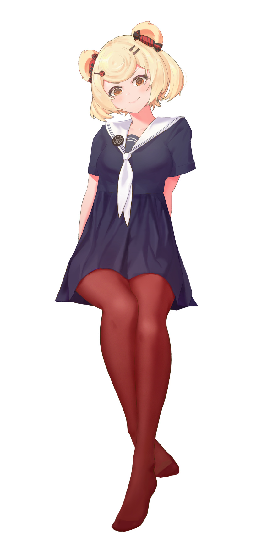 1girl absurdres animal_ears arknights bangs bear_ears blonde_hair blue_dress candy_hair_ornament crossed_ankles dress food_themed_hair_ornament gummy_(arknights) hair_ornament head_tilt highres hitoshi_(slambird) invisible_chair looking_at_viewer orange_eyes red_legwear sailor_collar sailor_dress short_hair short_sleeves simple_background sitting smile solo white_background white_sailor_collar