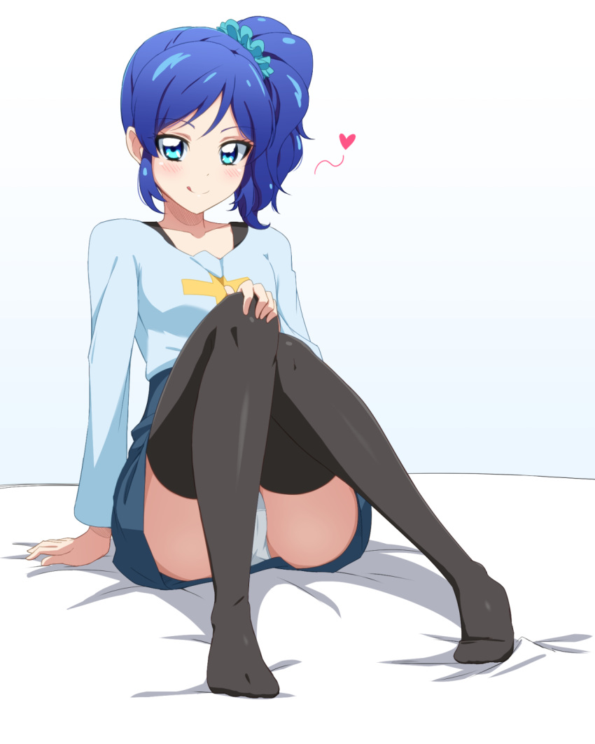 1girl :q acchi_(koiyimknp) aikatsu! aikatsu!_(series) bed_sheet black_legwear blue_eyes blue_hair blue_scrunchie blue_skirt collarbone hair_ornament hair_scrunchie heart highres kiriya_aoi long_hair looking_at_viewer miniskirt panties pantyshot scrunchie shiny shiny_hair side_ponytail simple_background sitting skirt smile solo thigh-highs tongue tongue_out underwear white_background white_panties