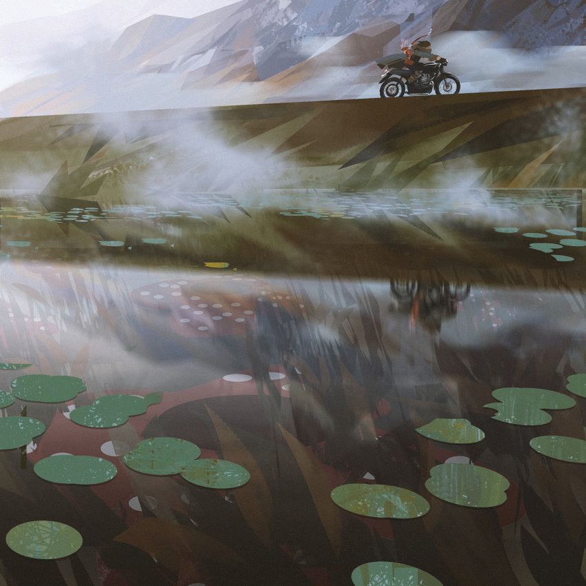 1girl arrow_(projectile) black_hair bow_(weapon) commentary english_commentary fog from_side ground_vehicle highres lake lily_pad long_sleeves motor_vehicle motorcycle mountain original reflection riding short_hair solo sunlight weapon yun_ling