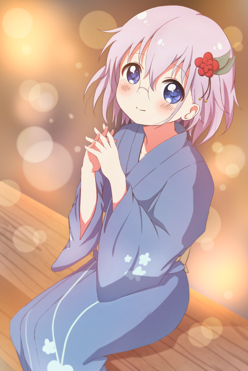 1girl bangs blue_eyes blue_kimono blush commentary_request eyebrows_visible_through_hair feet_out_of_frame flower glasses hair_flower hair_ornament hands_clasped highres ikeda_chitose japanese_clothes kimono lens_flare looking_at_viewer minatsuki_hitoka own_hands_together purple_hair round_eyewear short_hair sitting smile solo wide_sleeves yuru_yuri