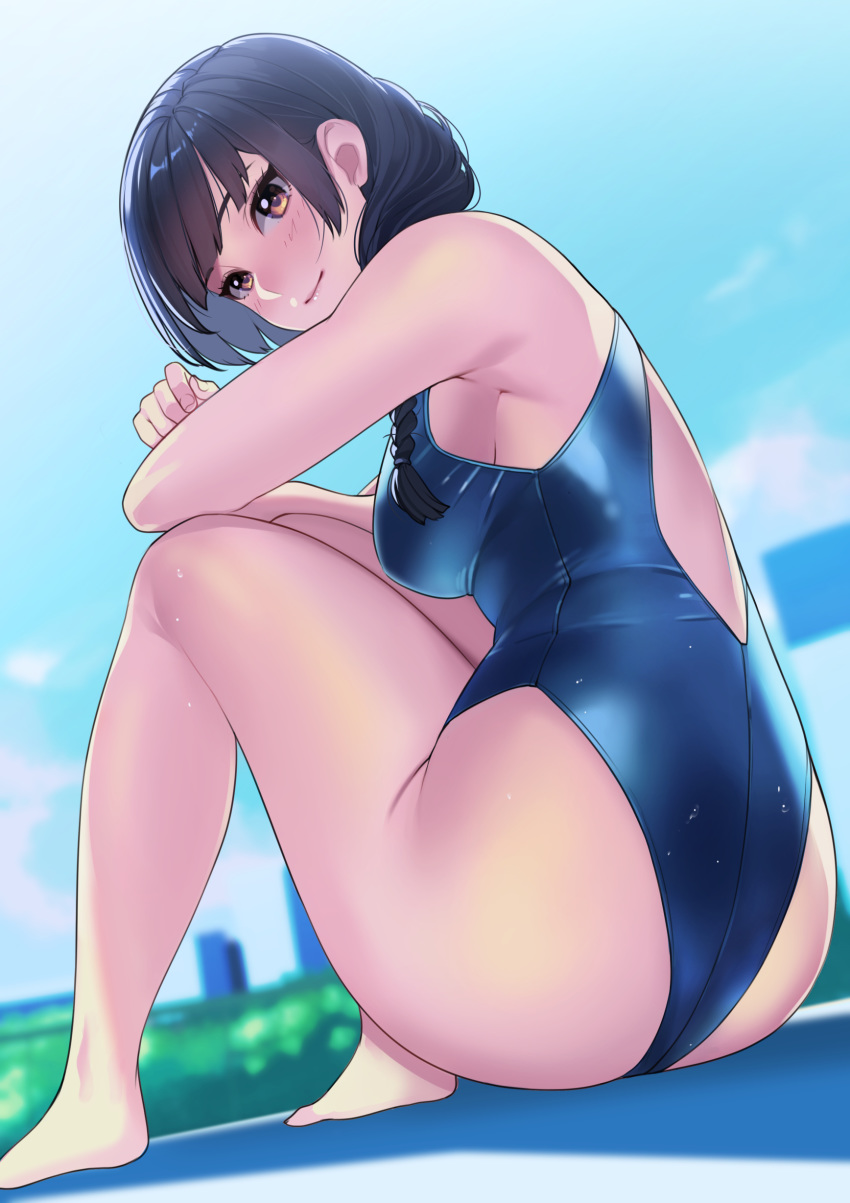 1girl absurdres barefoot black_hair blush braid brown_eyes crossed_arms highres kagematsuri knees_up light_smile one-piece_swimsuit original sitting sky solo swimsuit tsurime