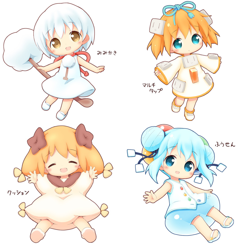 4girls :d ^_^ aikei_ake bangs bare_arms bare_shoulders blue_eyes blue_hair blue_ribbon blue_skirt blush boots brown_dress brown_eyes brown_footwear brown_hair bubble_skirt cable chibi closed_eyes closed_mouth commentary_request double_bun dress eyebrows_visible_through_hair facing_viewer hair_between_eyes hair_ornament hair_ribbon highres long_sleeves looking_at_viewer mimikaki multiple_girls open_mouth orange_hair original personification puffy_long_sleeves puffy_sleeves ribbon see-through shirt shoes sidelocks simple_background skirt sleeveless sleeveless_dress sleeveless_shirt sleeves_past_wrists smile socks soles standing standing_on_one_leg translation_request white_background white_dress white_footwear white_hair white_legwear white_shirt wide_sleeves