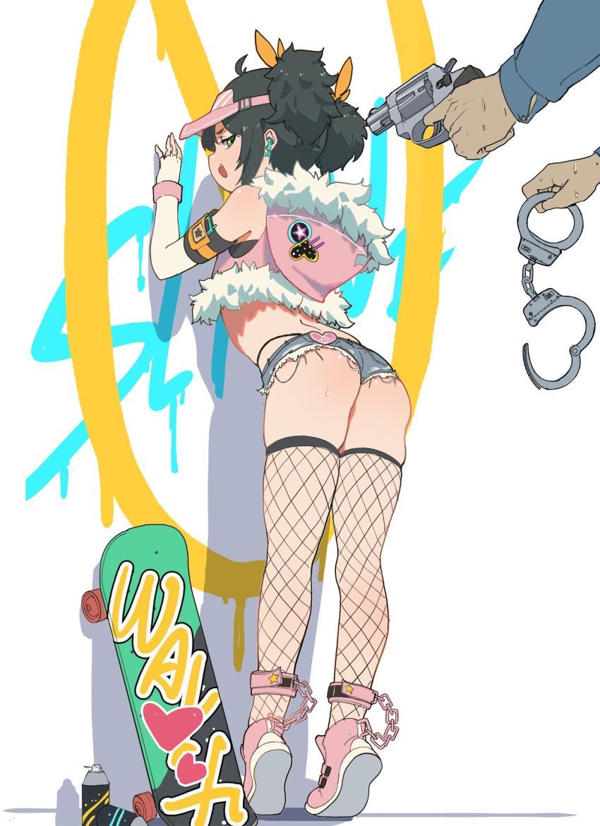 1girl ass black_hair child cuffs denim denim_shorts elbow_gloves fishnet_legwear fishnets fur_trim gloves graffiti gun handcuffs handgun highres micro_shorts original pistol short_twintails shorts skateboard solo_focus thigh-highs thong twintails visor waterkuma weapon