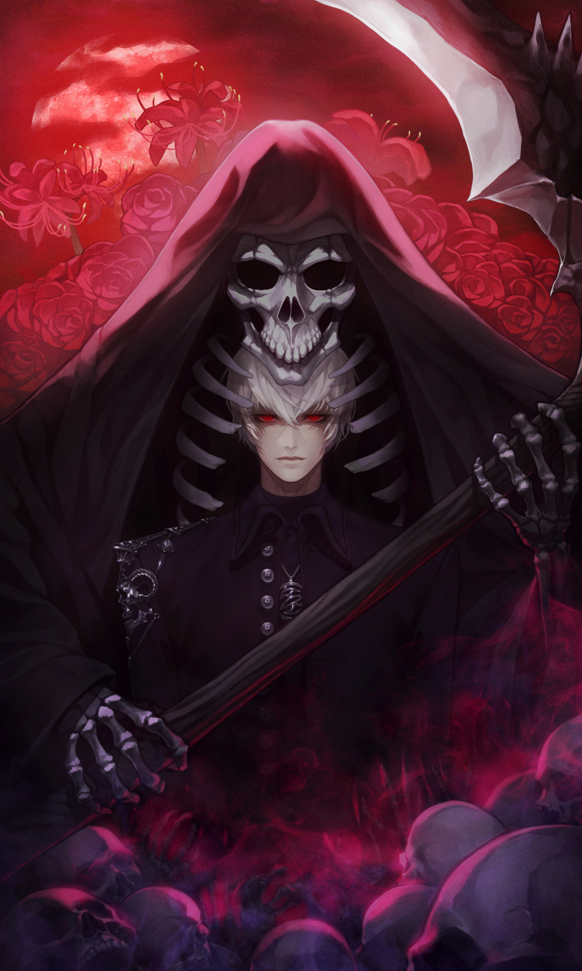 absurdres closed_mouth clouds cloudy_sky death death_(entity) flower grim_reaper hair_between_eyes highres holding holding_scythe holding_weapon jewelry male_focus moon necklace original red_eyes red_flower red_moon red_sky scythe skull sky spider_lily tarot weapon white_hair yoons