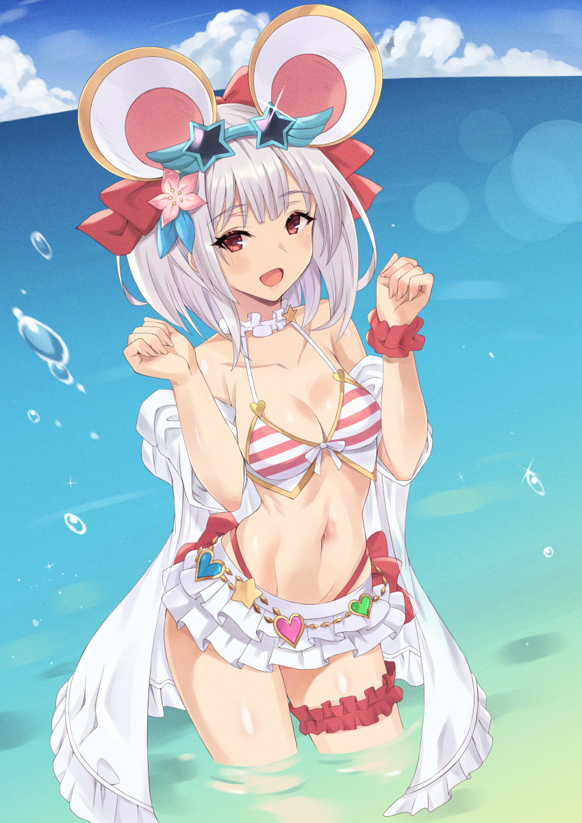 1girl absurdres animal_ears bangs bare_shoulders blush breasts collarbone fake_animal_ears granblue_fantasy highres huge_filesize looking_at_viewer mouse_ears navel ocean open_mouth pm_tii_(matuko1024) red_eyes small_breasts smile star-shaped_eyewear thighs vikala_(granblue_fantasy) wading white_hair