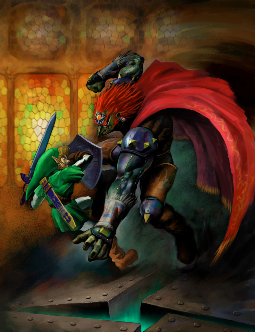 2boys absurdres battle belt blonde_hair blue_eyes boots brown_belt brown_footwear brown_gloves cape clenched_hand clenched_teeth duel earrings evil_grin evil_smile fighting_stance fingerless_gloves forehead_jewel ganondorf gloves green_headwear green_skin grin hat height_difference highres holding holding_shield holding_sword holding_weapon jewelry left-handed link long_nose male_focus master_sword multiple_boys official_art oil_painting_(medium) phrygian_cap pointy_ears red_eyes redhead sheath shield shoulder_armor shoulder_pads sideburns size_difference smile stained_glass sword teeth the_legend_of_zelda the_legend_of_zelda:_ocarina_of_time thick_eyebrows tunic weapon yellow_sclera