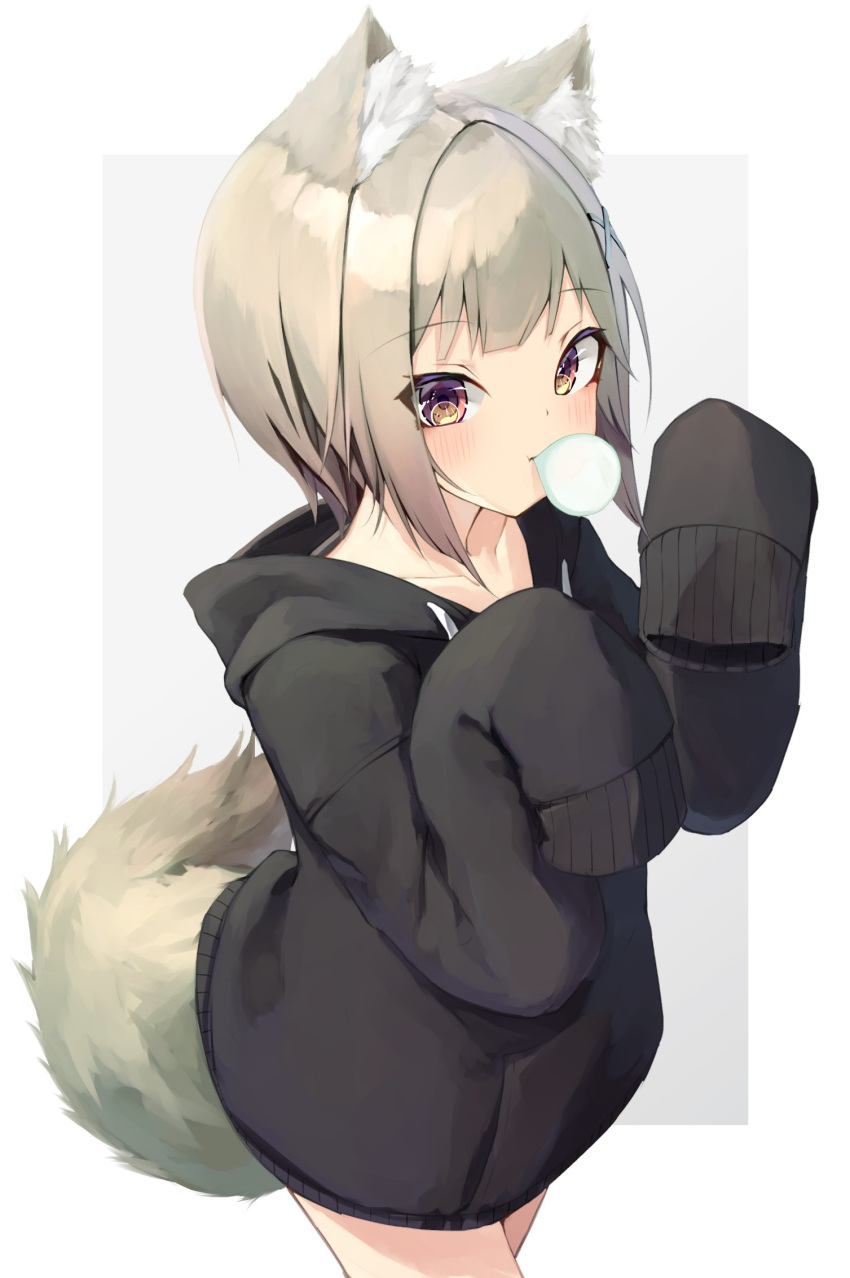 1girl animal_ear_fluff animal_ears bangs black_hoodie blush brown_eyes brown_hair bubble_blowing chewing_gum collarbone commentary_request drawstring eyebrows_visible_through_hair grey_background hair_ornament hairclip hands_up highres hood hood_down hoodie long_hair long_sleeves mayogii original sleeves_past_fingers sleeves_past_wrists solo tail two-tone_background white_background x_hair_ornament