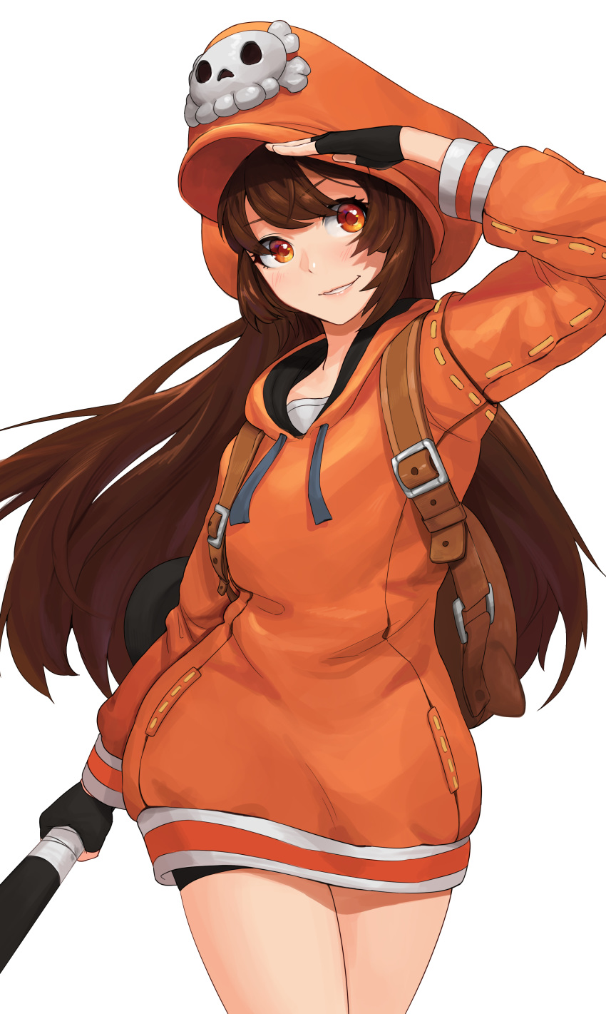 1girl absurdres backpack bag bangs bike_shorts blush brown_eyes brown_hair cabbie_hat eyebrows_visible_through_hair fingerless_gloves gloves guilty_gear guilty_gear_strive hair_between_eyes hat highres holding holding_weapon jacket long_hair long_sleeves looking_afar may_(guilty_gear) orange_headwear orange_hoodie orange_jacket pirate pirate_hat salute sanj simple_background skull smile solo thighs weapon white_background