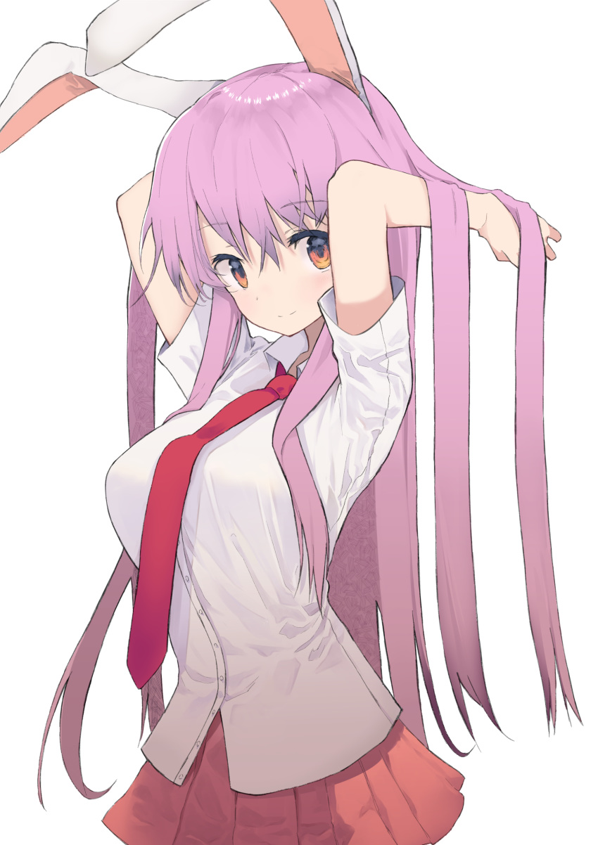 1girl absurdres animal_ears arms_up bangs blush breasts closed_mouth collared_shirt commentary_request dress_shirt eyebrows_visible_through_hair hair_between_eyes hands_in_hair highres long_hair looking_at_viewer medium_breasts mieharu necktie pink_hair pleated_skirt rabbit_ears red_eyes red_neckwear red_skirt reisen_udongein_inaba shirt short_sleeves simple_background skirt smile solo touhou very_long_hair white_background white_shirt