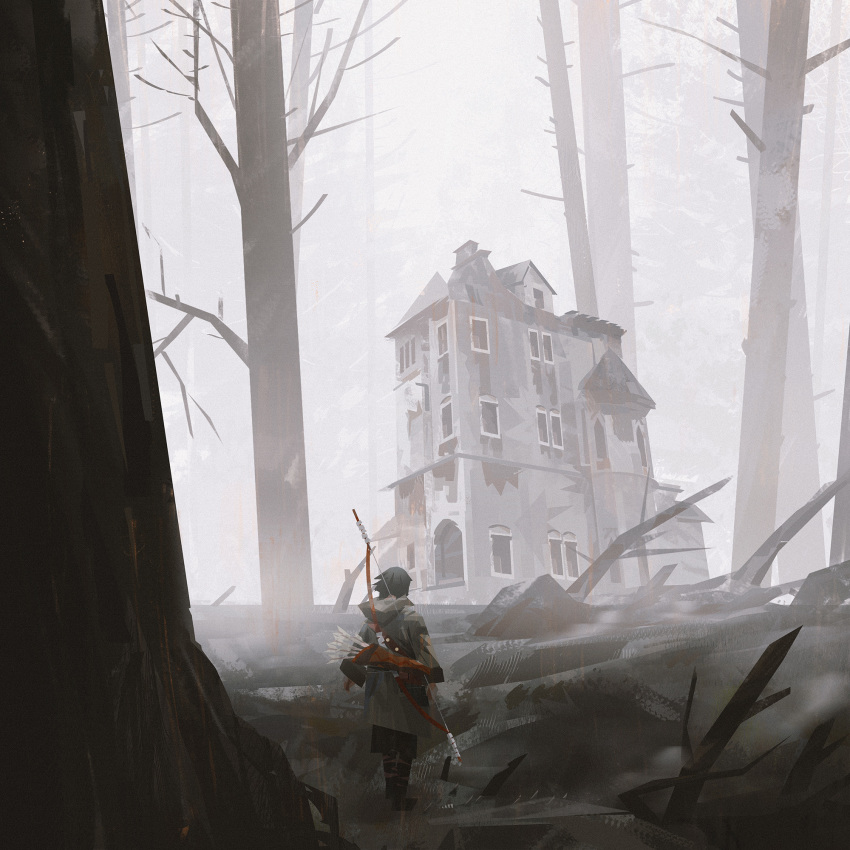 1girl arms_at_sides arrow_(projectile) bare_tree black_hair bow_(weapon) coat english_commentary fog grey_coat highres hood hood_down hooded_coat house long_sleeves original outdoors photo-referenced ruins short_hair solo standing sunlight tree weapon window yun_ling