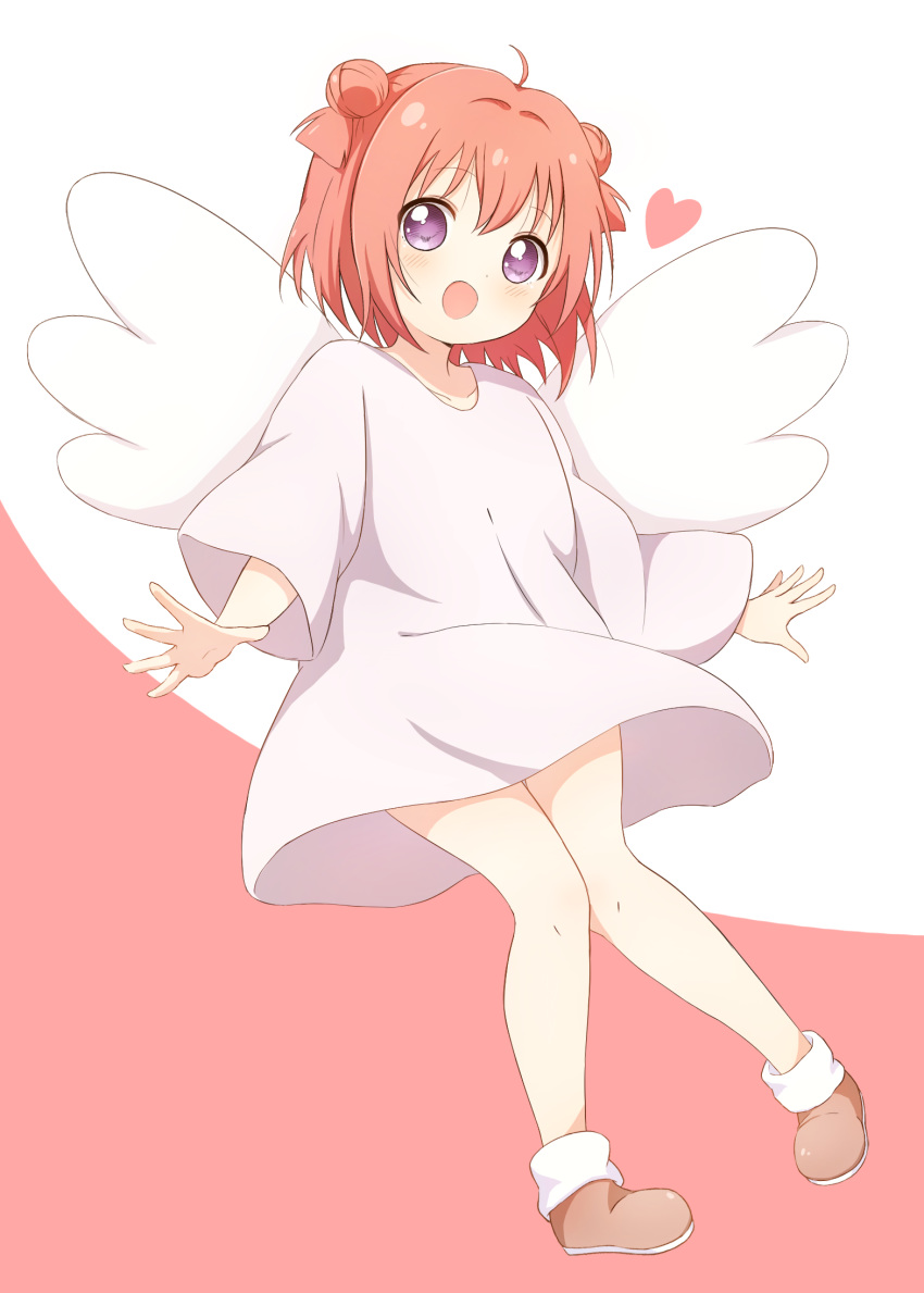 1girl :d akaza_akari angel_wings blush brown_footwear commentary_request double_bun dress eyebrows_visible_through_hair full_body heart highres looking_at_viewer medium_hair minatsuki_hitoka no_socks open_mouth pink_background redhead shoes smile solo standing two-tone_background violet_eyes white_background white_dress wings yuru_yuri
