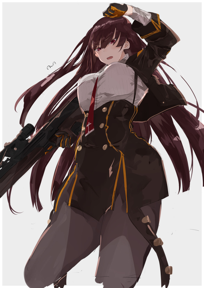 1girl black_gloves black_jacket black_legwear black_skirt breasts bullpup eyebrows_visible_through_hair from_below girls_frontline gloves gun highres jacket long_hair looking_at_viewer medium_breasts necktie open_mouth pantyhose purple_hair red_eyes red_neckwear rifle rotalasp shirt skirt sniper_rifle solo thigh-highs wa2000_(girls_frontline) walther walther_wa_2000 weapon white_background white_shirt