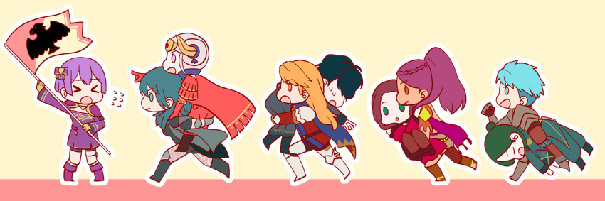 &gt;_&lt; 4boys 5girls armor bernadetta_von_varley black_hair blue_hair brown_hair byleth_(fire_emblem) byleth_eisner_(female) cape carrying carrying_over_shoulder carrying_under_arm caspar_von_bergliez chibi dorothea_arnault edelgard_von_hresvelg ferdinand_von_aegir fire_emblem fire_emblem:_three_houses flag flying_sweatdrops fuyuki_yomi green_hair horned_headwear hubert_von_vestra linhardt_von_hevring multiple_boys multiple_girls open_mouth petra_macneary pointing princess_carry purple_hair running silver_hair tiara