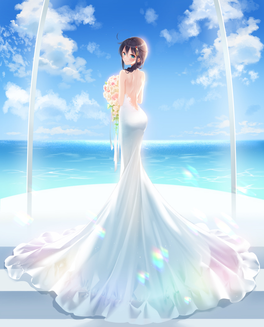 1girl ass backless_dress backless_outfit bare_shoulders black_hair blue_eyes blue_sky blush bouquet braid breasts clouds day dress flower from_behind full_body hair_ornament highres holding holding_bouquet kantai_collection looking_at_viewer looking_back naoto_(tulip) ocean remodel_(kantai_collection) see-through shigure_(kantai_collection) sky smile solo wedding_dress white_dress