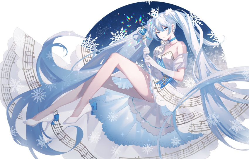 1girl absurdly_long_hair alternate_costume aono_99 beamed_eighth_notes blue_eyes commentary crown dress eighth_note elbow_gloves full_body gloves hatsune_miku highres jewelry light_blue_hair long_hair looking_at_viewer musical_note musical_note_print parted_lips princess quarter_note rainbow refraction sitting snowflakes solo staff_(music) strapless twintails very_long_hair vocaloid wand white_dress white_gloves yuki_miku