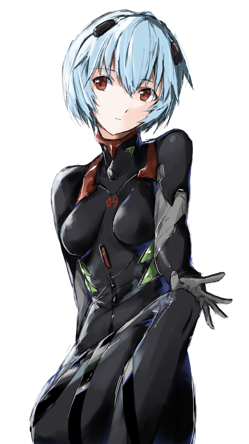 1girl absurdres ayanami_rei bangs black_bodysuit blue_hair bodysuit breasts breasts_apart closed_mouth eyebrows_visible_through_hair hair_between_eyes hand_on_own_knee headgear highres marie_(pixiv31942978) neon_genesis_evangelion plugsuit red_eyes shiny shiny_hair short_hair simple_background sitting small_breasts solo white_background