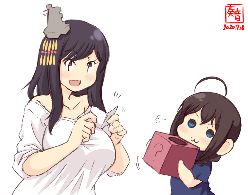 2girls :3 ? ahoge alternate_costume artist_logo bangs black_hair blue_eyes blue_shirt box braid brown_hair child collarbone commentary_request dated hair_ornament hair_over_shoulder kanon_(kurogane_knights) kantai_collection multiple_girls open_mouth red_eyes shigure_(kantai_collection) shirt short_sleeves simple_background single_braid smile upper_body white_background white_shirt yamashiro_(kantai_collection) younger