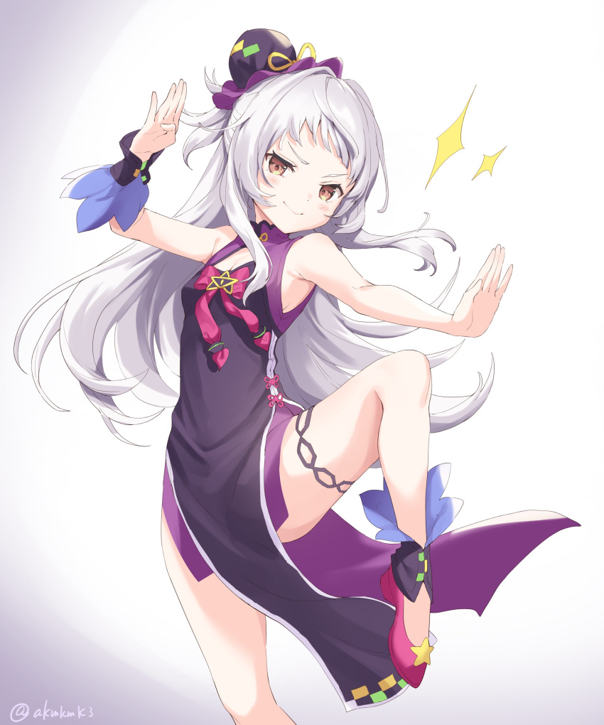 1girl absurdres alternate_costume breasts china_dress chinese_clothes commentary_request curcumin dress hat highres hololive leg_up murasaki_shion pose silver_hair small_breasts smug solo virtual_youtuber white_background yellow_eyes