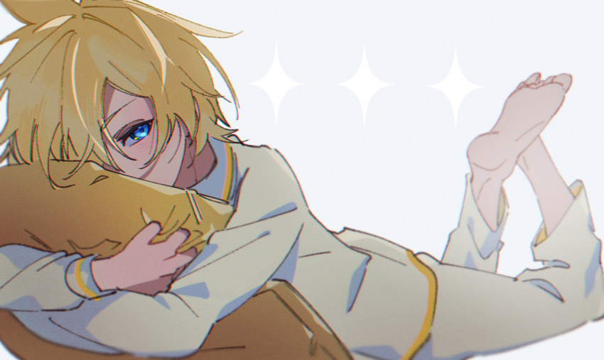 1boy barefoot blonde_hair blue_eyes feet_up half-closed_eyes kagamine_len lying male_hand motu0505 on_stomach pajamas pillow pillow_hug solo spiky_hair vocaloid white_pajamas