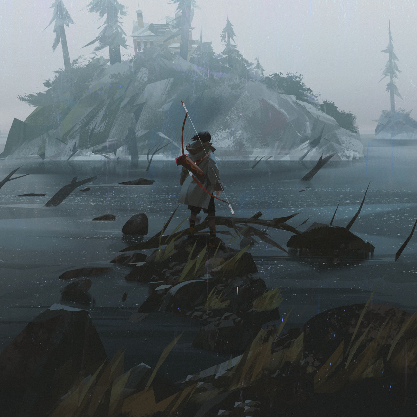 1girl black_hair black_shorts branch building coat english_commentary from_behind girl_chasing_giants_(yun_ling) grass grey_coat highres hood hood_down hooded_coat lake long_sleeves on_rock original outdoors rock scenery short_hair shorts solo standing tree yun_ling