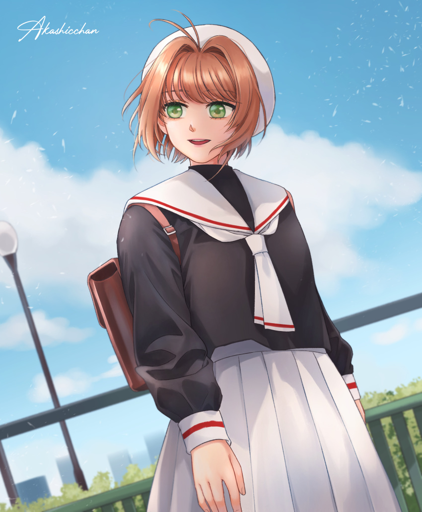 1girl absurdres akashicchan antenna_hair backpack bag blue_sky brown_hair cardcaptor_sakura cityscape dutch_angle green_eyes highres kinomoto_sakura long_sleeves magical_girl pleated_skirt school_uniform serafuku short_hair skirt sky smile tomoeda_elementary_school_uniform uniform white_skirt