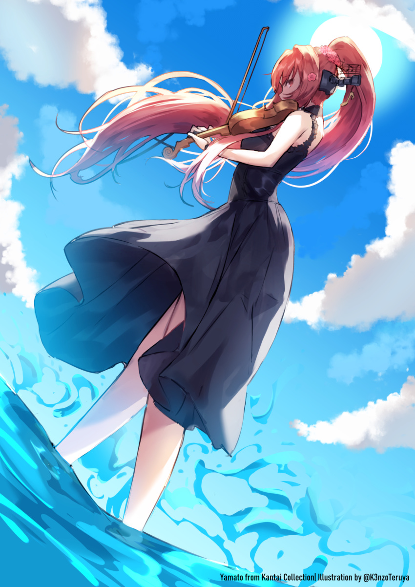 1girl alternate_costume bangs black_dress blue_sky brown_hair clouds day dress dutch_angle floating_hair flower from_side hair_between_eyes hair_flower hair_ornament high_ponytail highres holding holding_instrument instrument k3nzoteruta kantai_collection long_dress long_hair music outdoors playing_instrument profile red_eyes red_flower sky sleeveless sleeveless_dress soaking_feet solo standing sundress very_long_hair violin yamato_(kantai_collection)