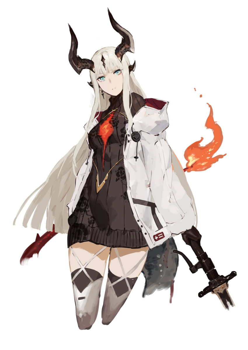 1girl arknights black_dress blue_eyes commentary_request cropped_legs dragon_horns dress earrings highres horns jacket jewelry kureta_(nikogori) long_hair long_sleeves looking_at_viewer open_clothes open_jacket reed_(arknights) ribbed_dress sidelocks simple_background solo thigh-highs weapon white_background white_hair white_jacket