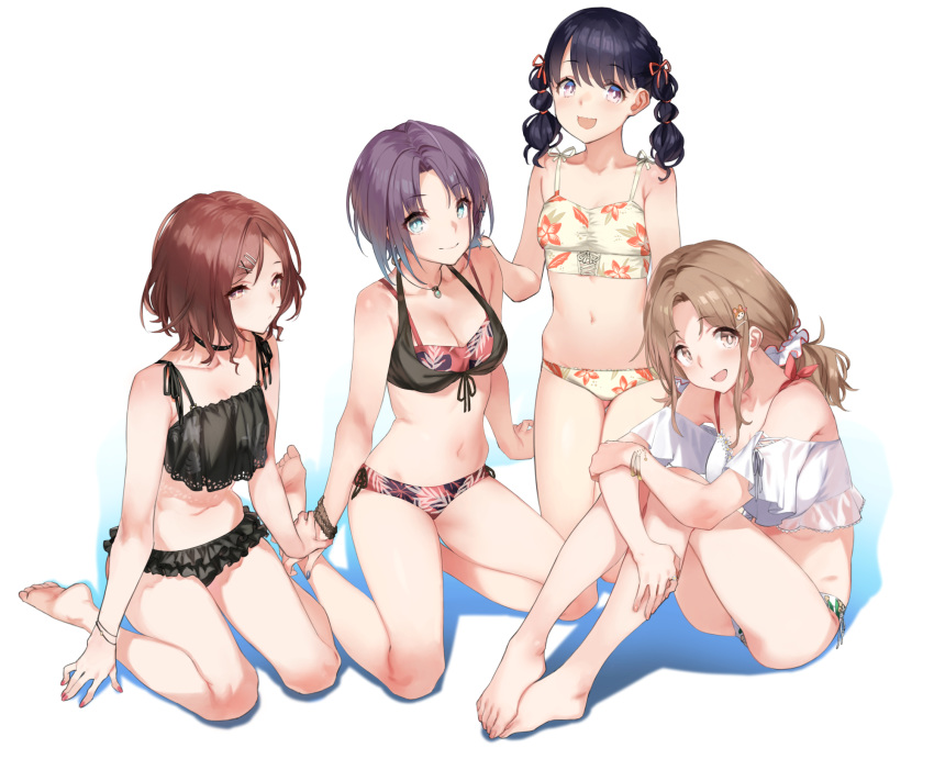 4girls 92m ahoge asakura_tooru barefoot bikini black_bikini black_hair black_nails blue_eyes brown_eyes brown_hair closed_mouth commentary fukumaru_koito full_body gradient_hair hair_ornament hair_ribbon hair_scrunchie hairclip highres higuchi_madoka holding_hands ichikawa_hinana idolmaster idolmaster_shiny_colors kneeling long_hair looking_at_viewer low_twintails mole mole_under_eye multicolored_hair multiple_girls nail_polish navel noctchill_(idolmaster) open_mouth red_nails red_ribbon ribbon scrunchie short_hair simple_background sitting smile swimsuit twintails violet_eyes white_background yellow_bikini