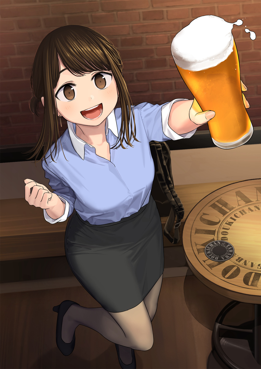 1girl :d alcohol bangs beer blue_shirt blush borrowed_character breasts brown_eyes brown_hair cup earrings ganbare_douki-chan highres himura_kiseki holding holding_cup jewelry looking_at_viewer office_lady office_lady_(yomu_(sgt_epper)) open_mouth pantyhose pencil_skirt shirt sidelocks skirt smile solo tied_hair