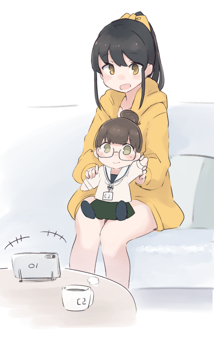 +++ 2girls black_hair brown_hair c2-chan c2_kikan cup eyebrows_visible_through_hair glasses green_eyes highres ma_rukan multiple_girls open_mouth re-ka-chan short_hair signature sitting smile yellow_eyes