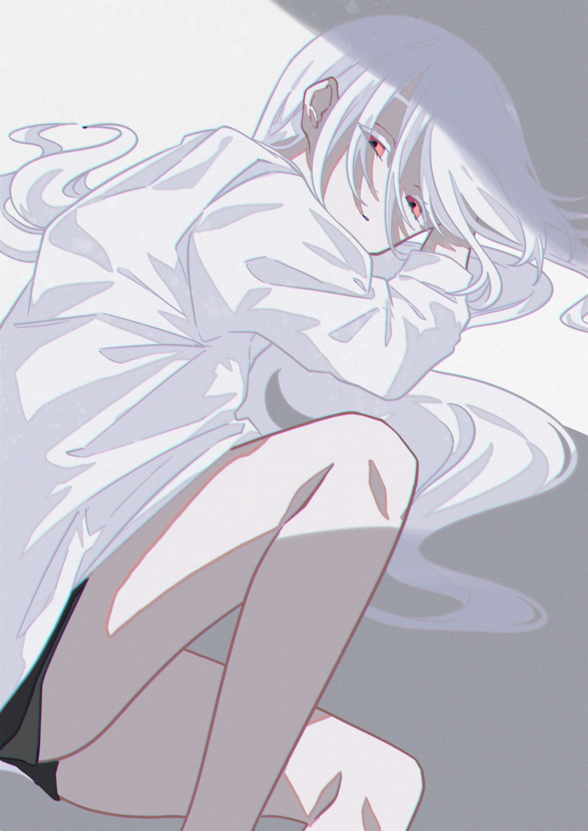 1girl curled_up eyes_visible_through_hair hair_between_eyes half-closed_eyes highres long_hair looking_at_viewer lying on_floor on_side original parted_lips red_eyes solo tsumaseu white_hair white_theme