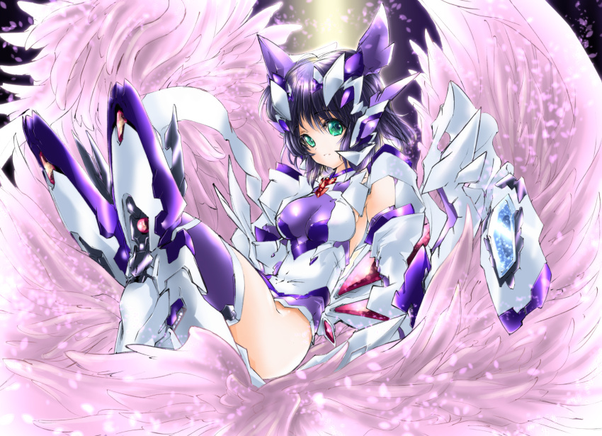 1girl bangs black_background black_hair boots breasts covered_navel eiji_(tfkn2723) eyebrows_visible_through_hair green_eyes highres kohinata_miku leotard mecha_musume medium_breasts metal_boots parted_lips pink_wings senki_zesshou_symphogear short_hair sitting solo thigh-highs thigh_boots white_leotard wings