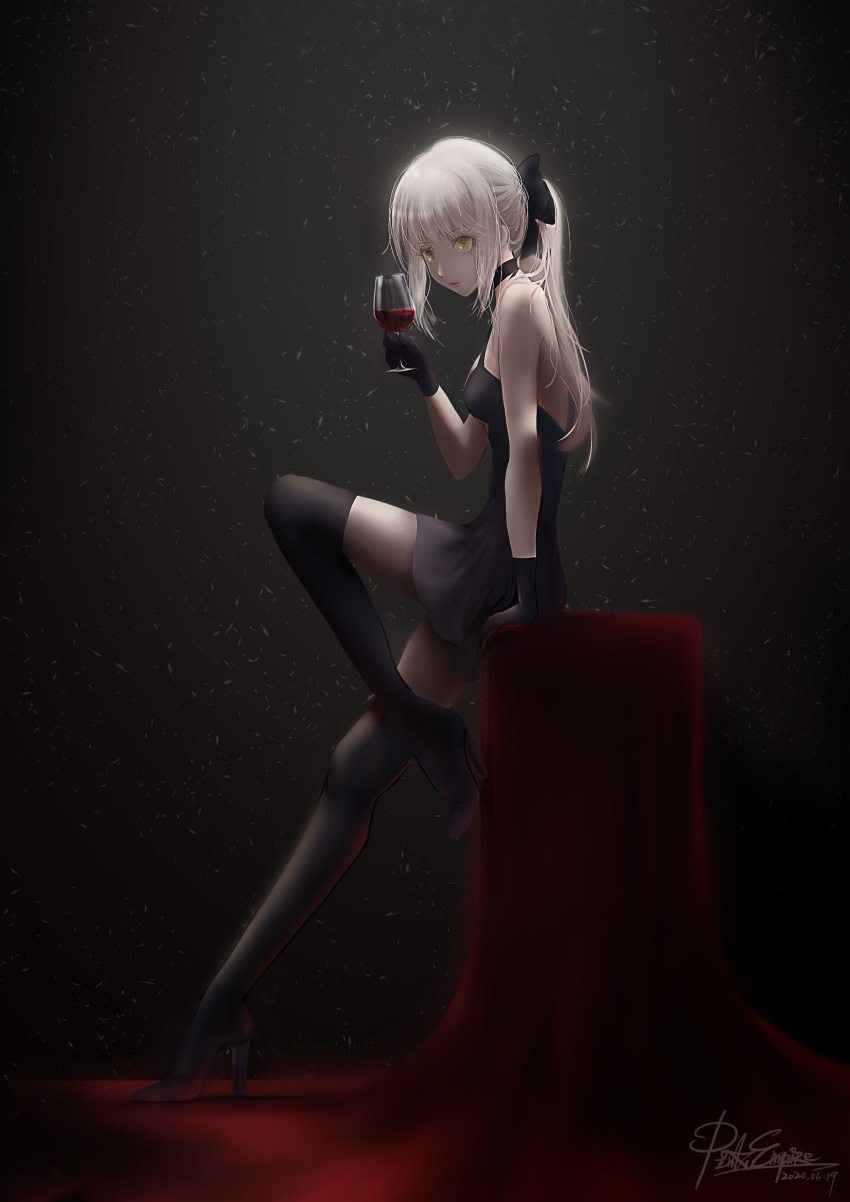 1girl 2020 absurdres artoria_pendragon_(all) bangs black_bow black_choker black_dress black_footwear black_gloves boots bow breasts choker closed_mouth cup dated dress drinking_glass fate/stay_night fate_(series) from_side gloves green_eyes hair_between_eyes hair_bow high_heels highres holding holding_cup long_hair pinkuempire ponytail saber_alter short_dress signature silver_hair sitting sleeveless sleeveless_dress small_breasts solo spaghetti_strap thigh-highs thigh_boots under_boob very_long_hair wine_glass zettai_ryouiki