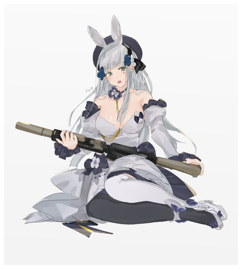 1girl absurdres animal_ears assault_rifle bangs beret blue_choker blue_dress blue_hair breasts choker collarbone dress eyebrows_visible_through_hair flower_choker girls_frontline green_eyes gun h&amp;k_hk416 hair_ribbon hairband hat highres hk416_(girls_frontline) long_hair looking_at_viewer medium_breasts multicolored multicolored_clothes multicolored_legwear open_mouth rabbit_ears ribbon rifle rotalasp shoes sitting sitting_on_lap sitting_on_person solo thigh-highs weapon white_background