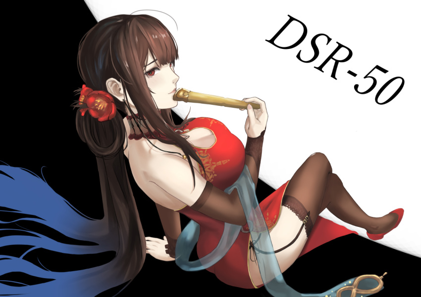 1girl ass bare_shoulders breasts brown_hair character_name china_dress chinese_clothes cleavage_cutout dress dsr-50_(girls_frontline) dutch_angle fan_to_mouth flower garter_straps girls_frontline hair_flower hair_ornament lace lace-trimmed_legwear large_breasts looking_at_viewer red_footwear solo thigh-highs thighs yuragi_zora