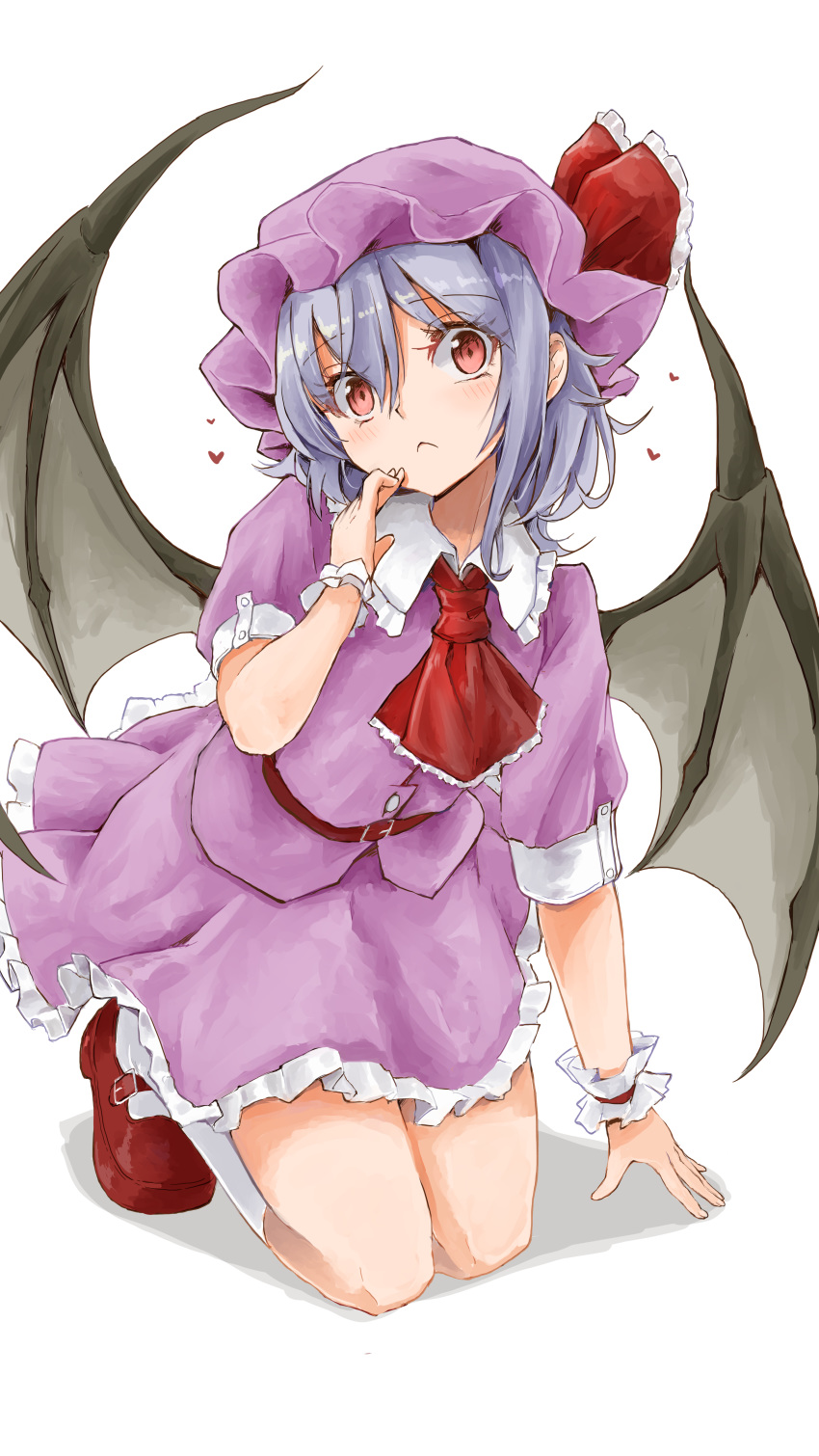 :&lt; absurdres alternate_hairstyle arm_support ascot asymmetrical_hair bangs bat_wings belt black_wings blue_hair buckle buttons closed_mouth commentary frilled_ribbon frilled_shirt_collar frilled_skirt frills full_body hair_between_eyes hand_on_own_chest hand_on_own_face hand_up hat hat_ribbon heart highres kneehighs kneeling looking_at_viewer mary_janes mob_cap orange_eyes outstretched_arm pink_headwear pink_shirt pink_skirt puffy_short_sleeves puffy_sleeves purple_headwear purple_shirt purple_skirt red_belt red_eyes red_footwear red_neckwear remilia_scarlet ribbon shirt shoes short_hair short_sleeves sidelocks silver_hair simple_background skirt skirt_set touhou white_background white_legwear wings wrist_cuffs yamabukiiro_(browncat)