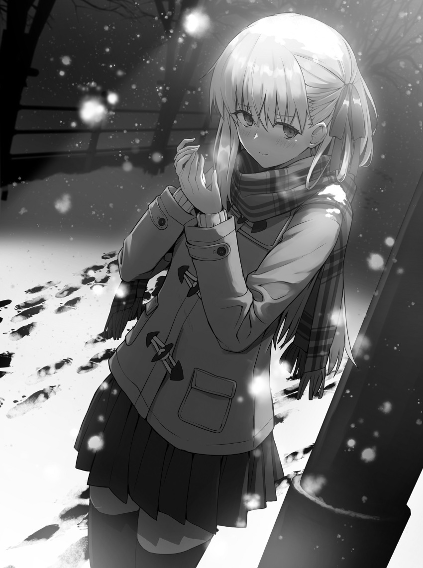 1girl bangs blush breasts closed_mouth contemporary fate/grand_order fate_(series) greyscale hair_ribbon highres jacket kama_(fate/grand_order) large_breasts long_hair long_sleeves looking_at_viewer monochrome pleated_skirt ribbon scarf skirt snowing yamoge