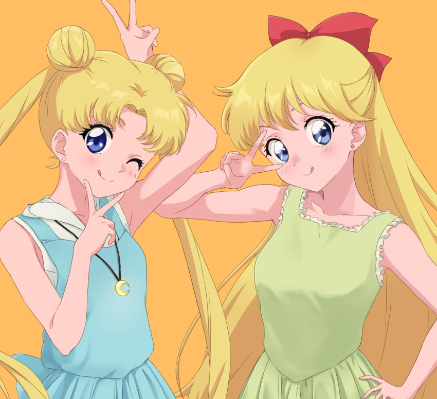 2girls :q ;q aino_minako bishoujo_senshi_sailor_moon blonde_hair blue_dress blue_eyes bow collarbone crescent_necklace double_v dress earrings floating_hair green_dress hair_bow hair_intakes hand_on_hip highres jewelry long_hair looking_at_viewer multiple_girls one_eye_closed orange_background raku_rakugaki red_bow shiny shiny_hair simple_background sleeveless sleeveless_dress standing tongue tongue_out tsukino_usagi upper_body v v_over_eye very_long_hair