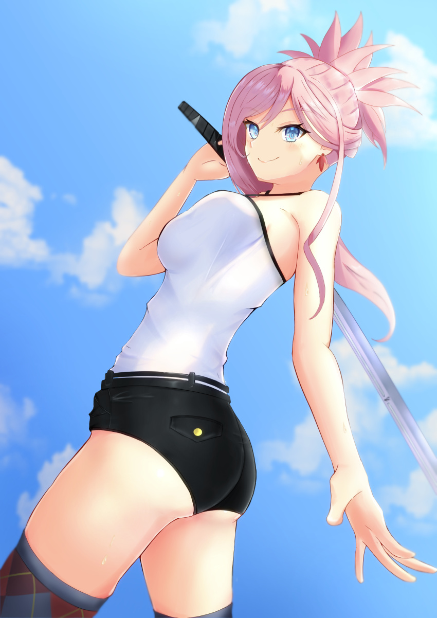 1girl ass asymmetrical_hair bangs black_shorts blue_eyes blue_legwear blue_sky breasts casual closed_mouth clouds criss-cross_halter day earrings eyebrows_visible_through_hair fate/grand_order fate_(series) from_below gao_kawa hair_between_eyes halterneck highres holding holding_sword holding_weapon jewelry katana long_hair medium_breasts micro_shorts miyamoto_musashi_(fate/grand_order) outdoors pink_hair shiny shiny_hair shirt shorts sky sleeveless sleeveless_shirt smile solo sword thigh-highs tied_hair weapon white_shirt