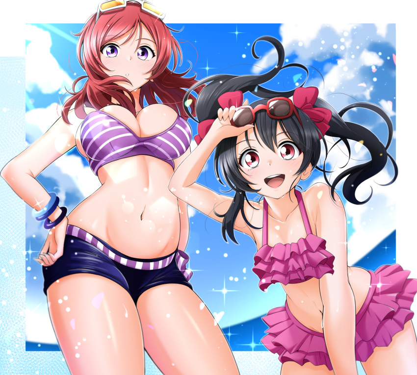 2girls :d :o adjusting_eyewear bikini black_hair bow bracelet breasts clouds cowboy_shot eyebrows_visible_through_hair eyewear_on_head frilled_bikini frills hair_between_eyes hand_on_hip highres jewelry kirisaki_reina large_breasts long_hair looking_at_viewer love_live! love_live!_school_idol_project medium_hair multiple_girls navel nishikino_maki ocean open_mouth pink_bikini purple_bikini red_bow red_eyes redhead short_shorts shorts side-tie_bikini skindentation sky small_breasts smile striped striped_bikini sunglasses sunlight swimsuit teeth thighs tongue twintails violet_eyes wet yazawa_nico