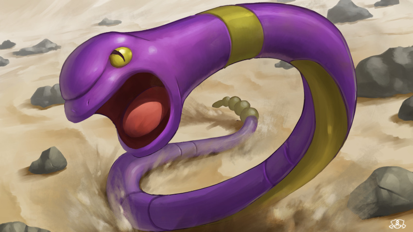 commentary_request ekans gen_1_pokemon highres no_humans open_mouth pokemon pokemon_(creature) rock sand snake solo supearibu tongue watermark