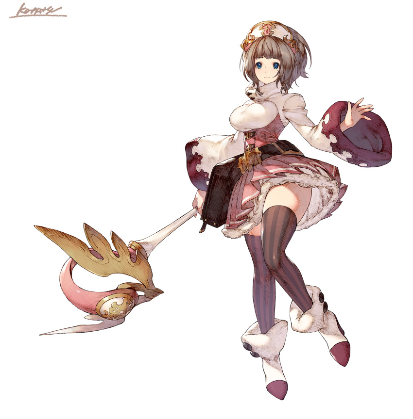 1girl ankle_boots belt big_hair blue_eyes boots breasts brown_hair brown_legwear closed_mouth full_body hat high-waist_skirt high_heel_boots high_heels highres holding holding_staff kotatsu_(g-rough) large_breasts long_sleeves looking_at_viewer medium_hair mole mole_under_eye original pink_skirt short-haired_witch_twin_(kotatsu_(g-rough)) signature simple_background skirt smile solo staff striped striped_legwear thigh-highs vertical-striped_legwear vertical_stripes white_background white_footwear wide_sleeves