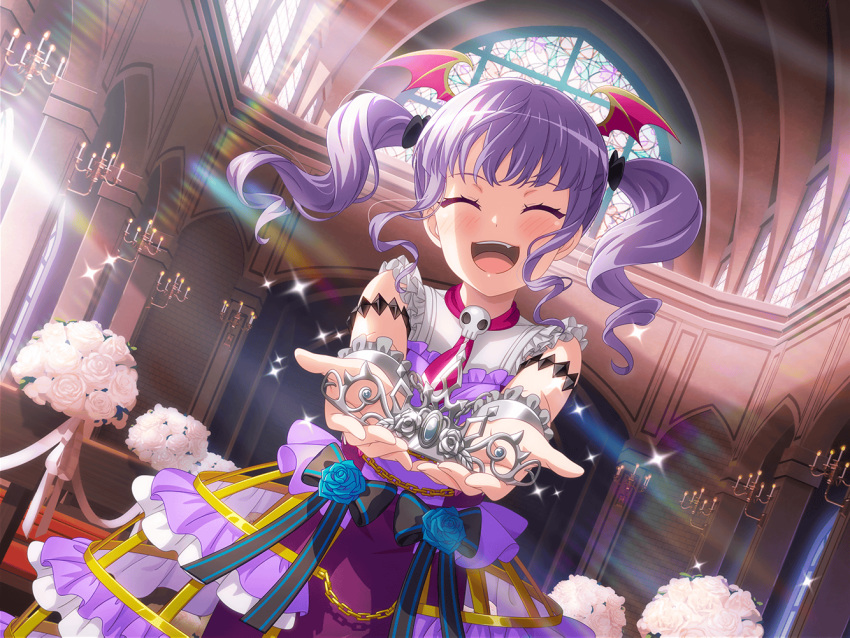 bangs blush closed_eyes dress long_hair purple_hair smile udagawa_ako