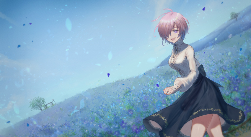 1girl :d black_skirt blue_flower blue_sky casual clouds dress_shirt dutch_angle fate/grand_order fate_(series) fenrisu1fr field flower flower_field hair_over_one_eye highres long_skirt long_sleeves looking_at_viewer mash_kyrielight open_mouth outdoors petals purple_hair shiny shiny_hair shirt short_hair skirt skirt_lift sky smile solo violet_eyes white_shirt wind wind_lift