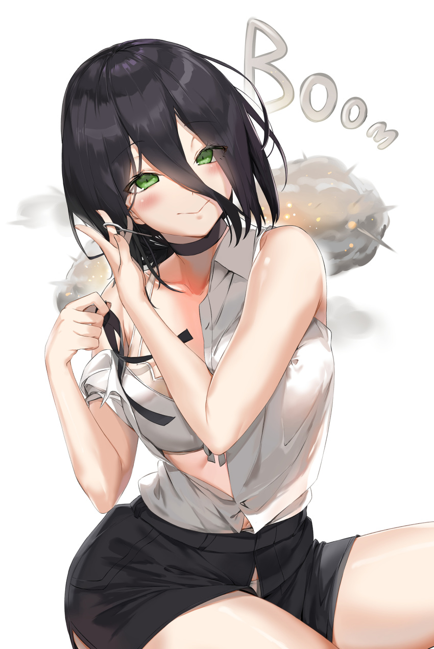 1girl absurdres black_choker black_hair black_ribbon black_skirt bra breasts chainsaw_man choker collarbone commentary_request eyebrows_visible_through_hair green_eyes grenade_pin hands_up head_tilt highres holding holding_ribbon large_breasts long_hair looking_at_viewer open_clothes open_shirt open_skirt pixel_(yuxian) reze_(chainsaw_man) ribbon shirt skirt sleeveless sleeveless_shirt smile solo underwear white_bra white_shirt